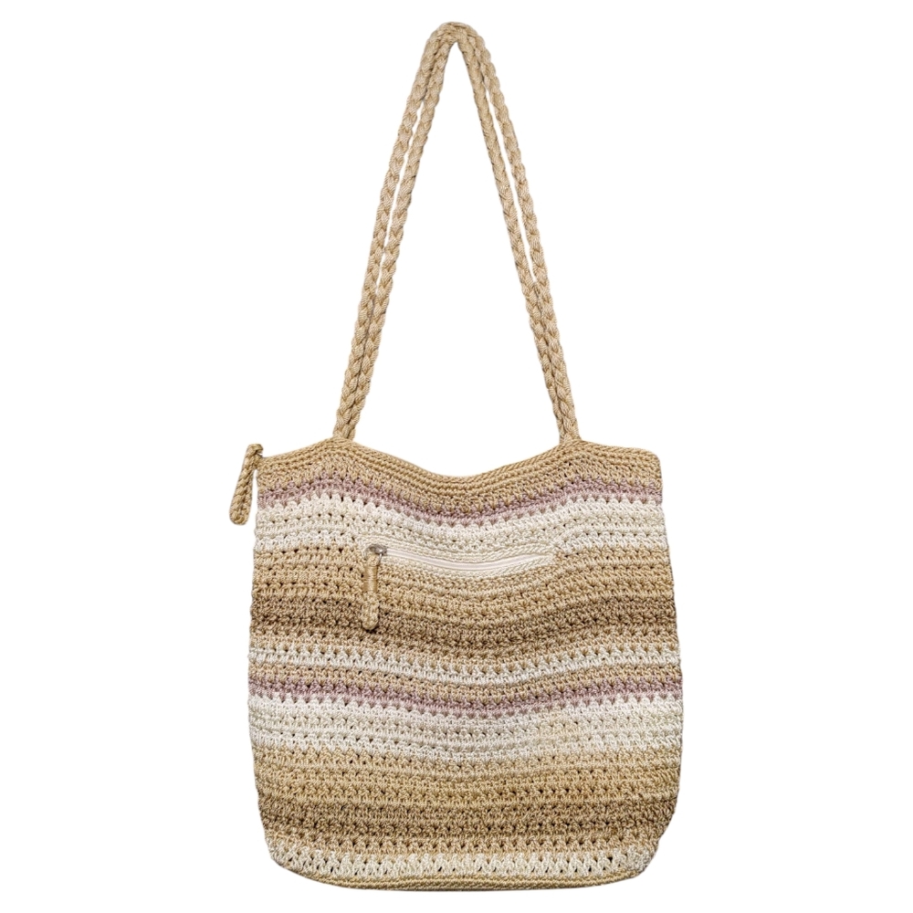 The Sak Beige Tan Pink Striped Knit Crochet Large Boho Tote Bag Handbag Purse - Picture 8 of 8